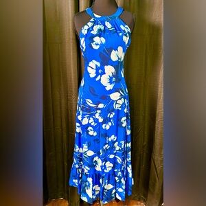 Calvin Klein Blue, White Floral Midi Dress, Size 4
